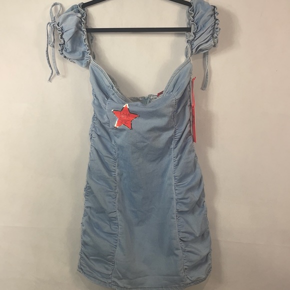 Ruched Denim Mini Dress - Picture 4 of 7